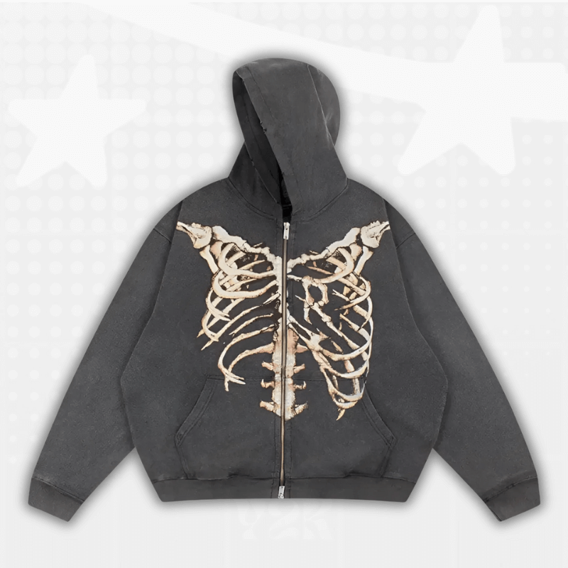 2000s Dark Skeleton Zip Up Hoodie